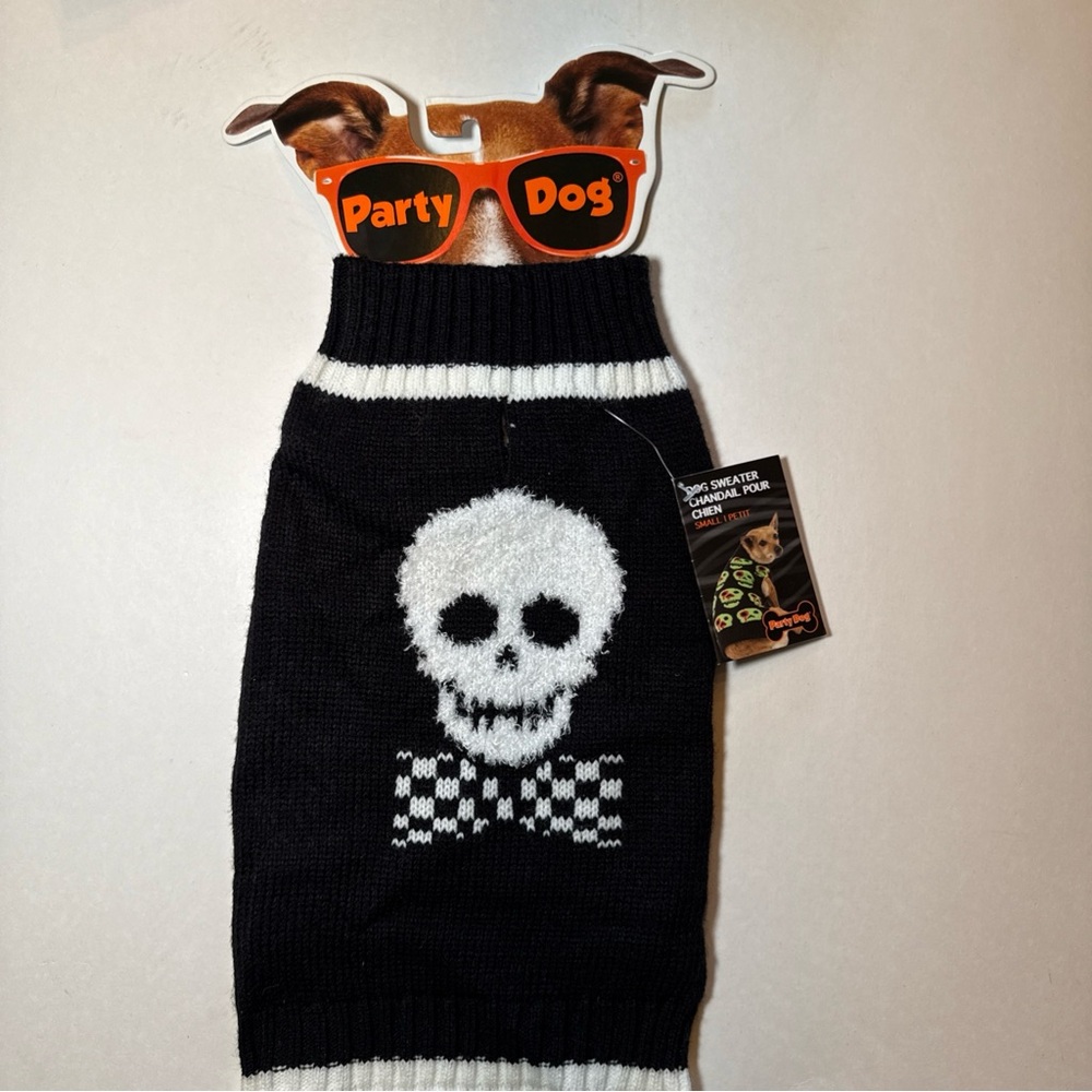 Party Dog skull with bow tie Small  dog sweater black & white Halloween